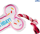 Birthday Bone Dog Toy – Pink Plush Squeaky Tug Rope Toy for Small & Medium Dogs